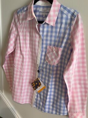 Women’s Gingham Button-Up No-Iron Shirt in Pink & Blue